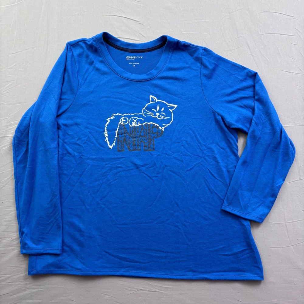Comfort Code Cuddl Duds Blue Cat Nap Pajama Top Long Sleeve Plus Size 1X